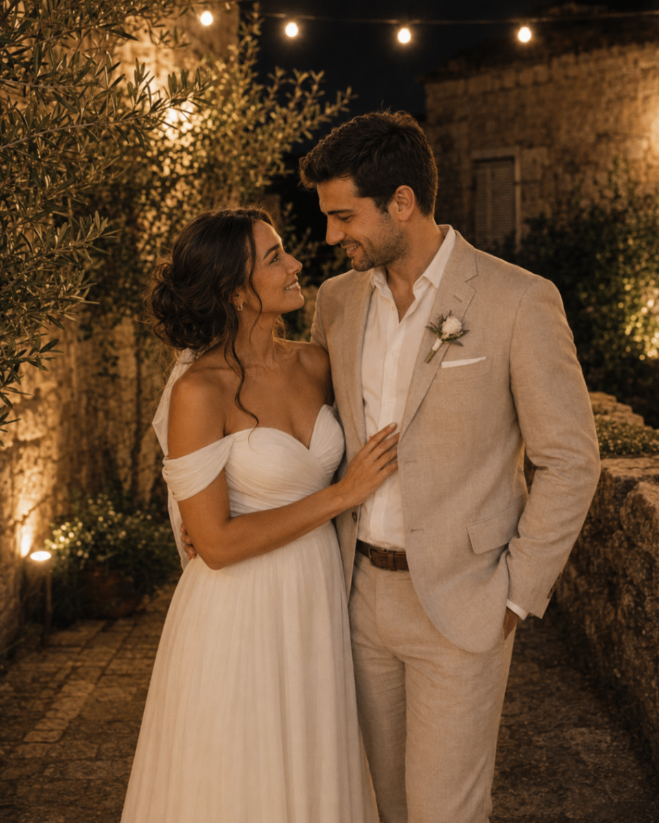 A final nighttime portrait of Mila and Andrija together in the courtyard after the celebration