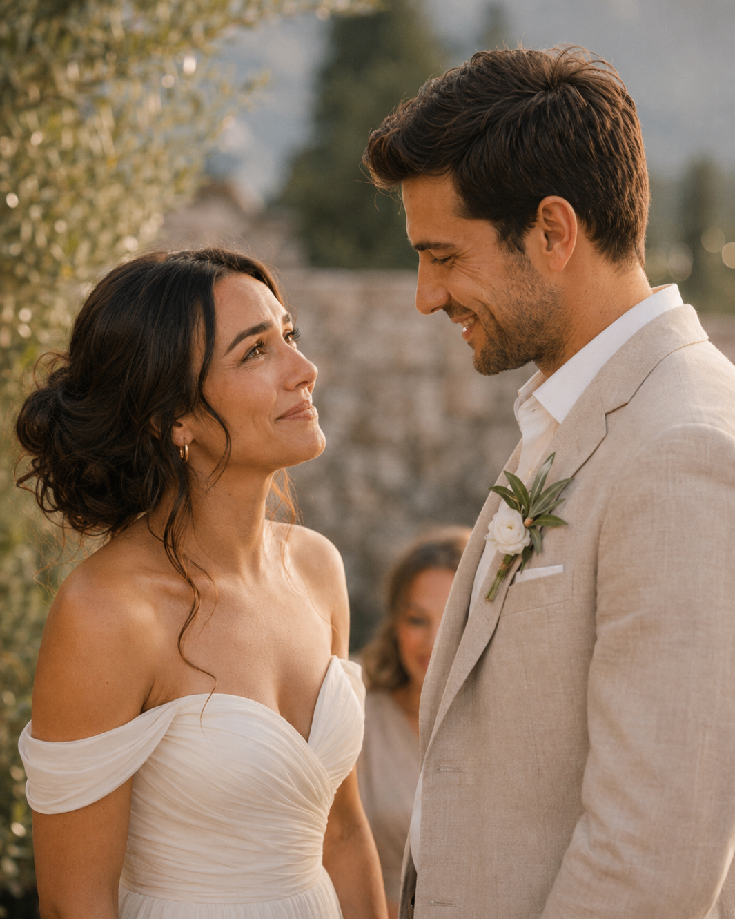 A close moment during the vows as Mila and Andrija smile at each other in the evening light