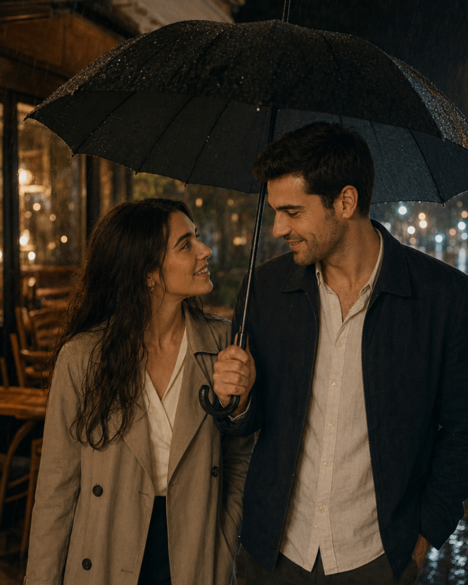 Mila and Andrija walking beneath an umbrella in the rain after their first long conversation