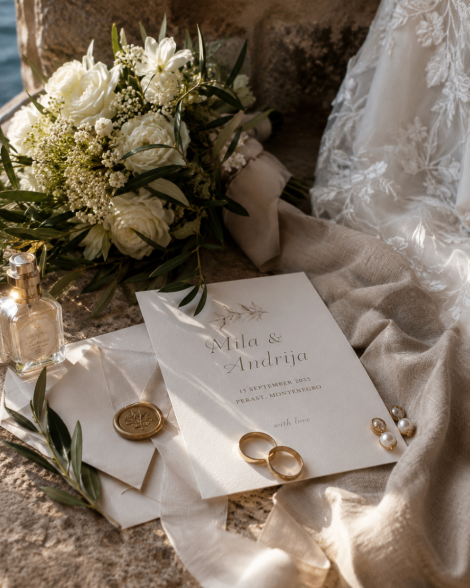 Wedding details laid out in morning light, including flowers, rings, and Mila and Andrija’s invitation