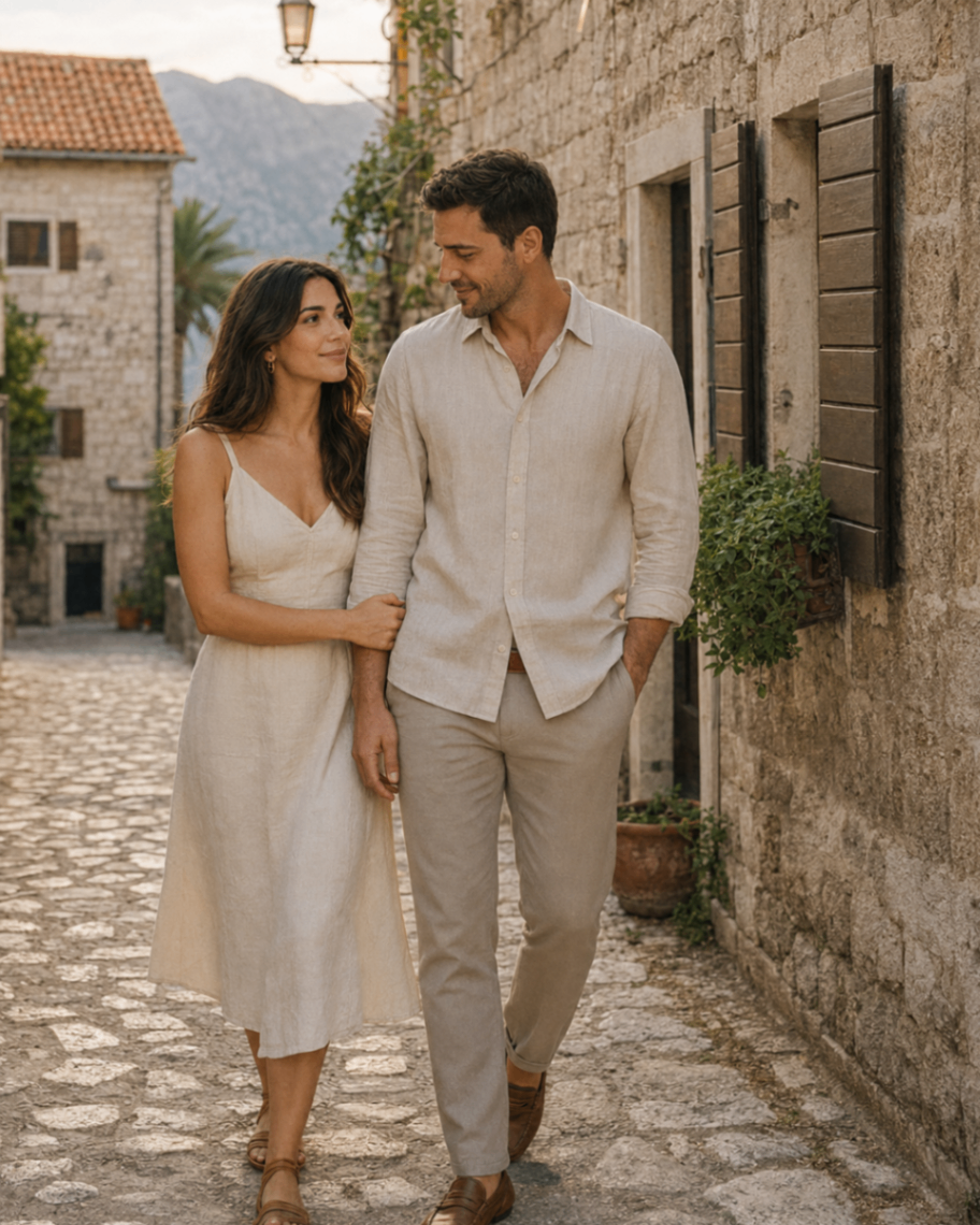 Mila and Andrija walking through an old stone street in Perast, moving toward the next chapter of their story
