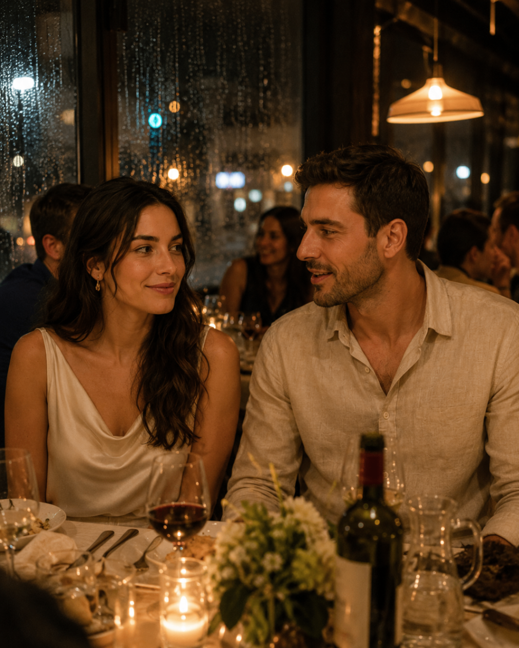 Mila and Andrija at the dinner where they first met, seated together by candlelight