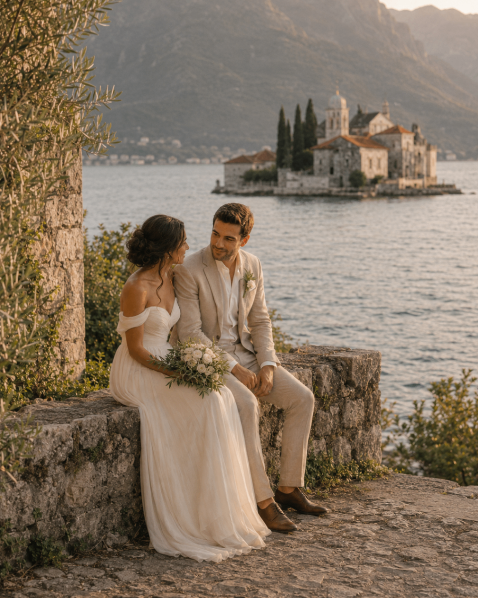 Mila and Andrija sitting together by the water alone for a quiet moment after the ceremony