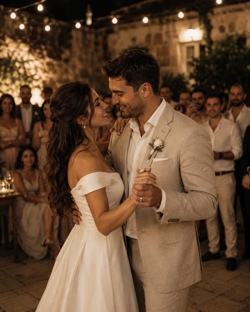 Mila and Andrija sharing their first dance beneath string lights as guests look on
