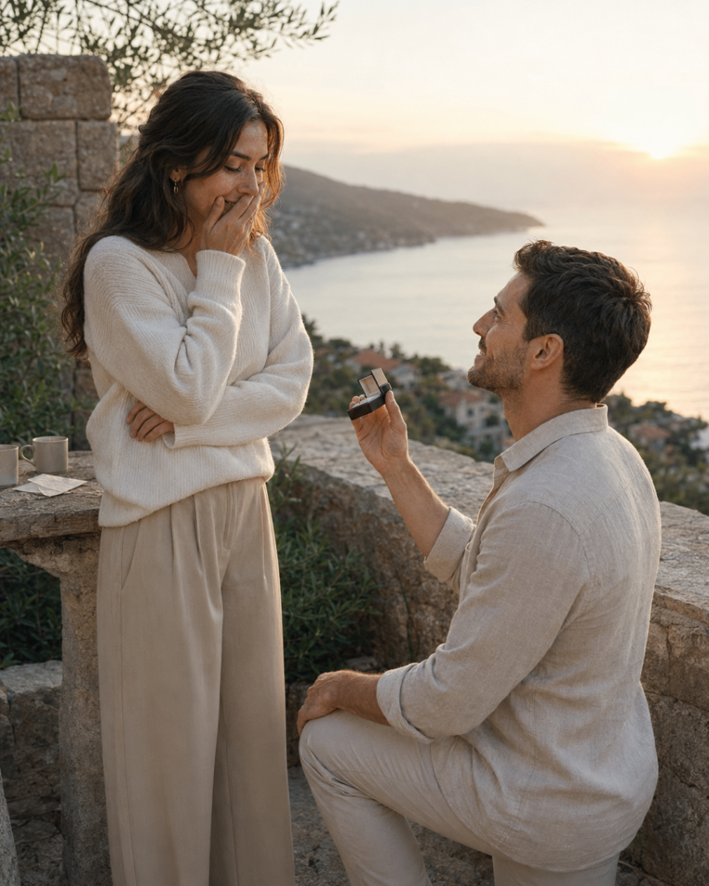 Andrija proposing to Mila on a quiet terrace above the sea in Luštica at sunrise