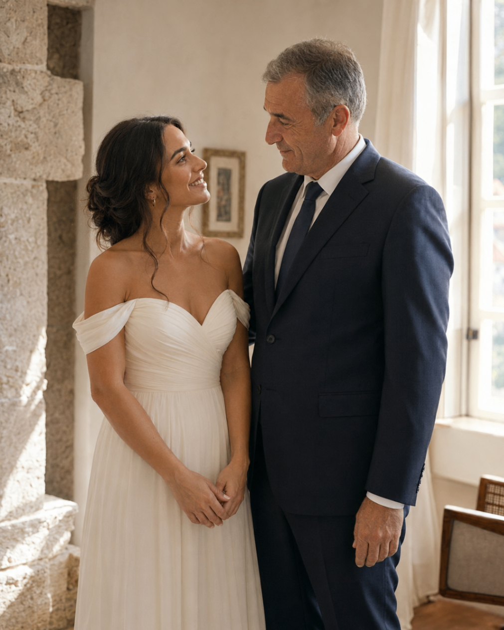 Mila sharing a quiet smile with her father in a softly lit room before the ceremony