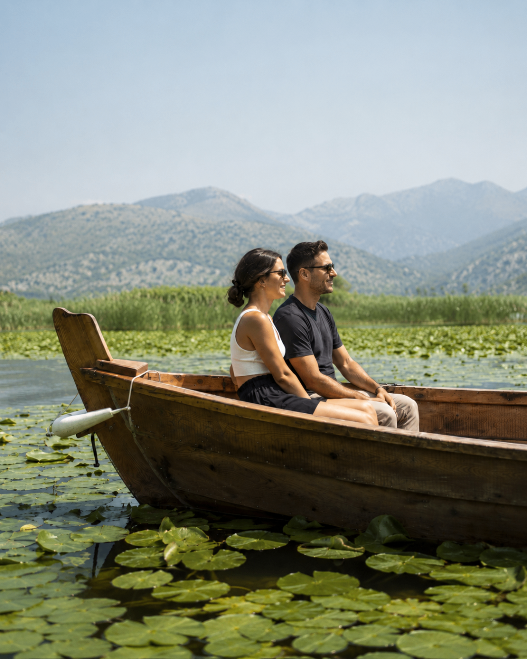 Mila and Andrija sitting together in a wooden boat on Lake Skadar during one of their trips through Montenegro