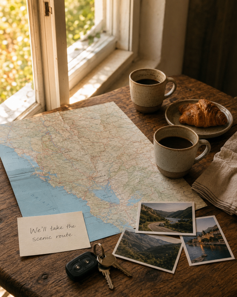 A table by the window with coffee, a map, photographs, and a note about taking the scenic route