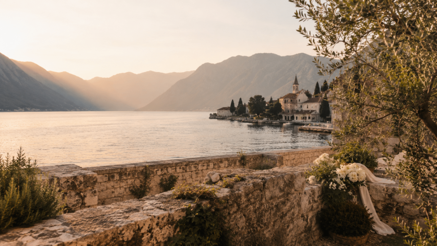 Sunrise over Boka Bay with the Perast waterfront glowing in warm morning light