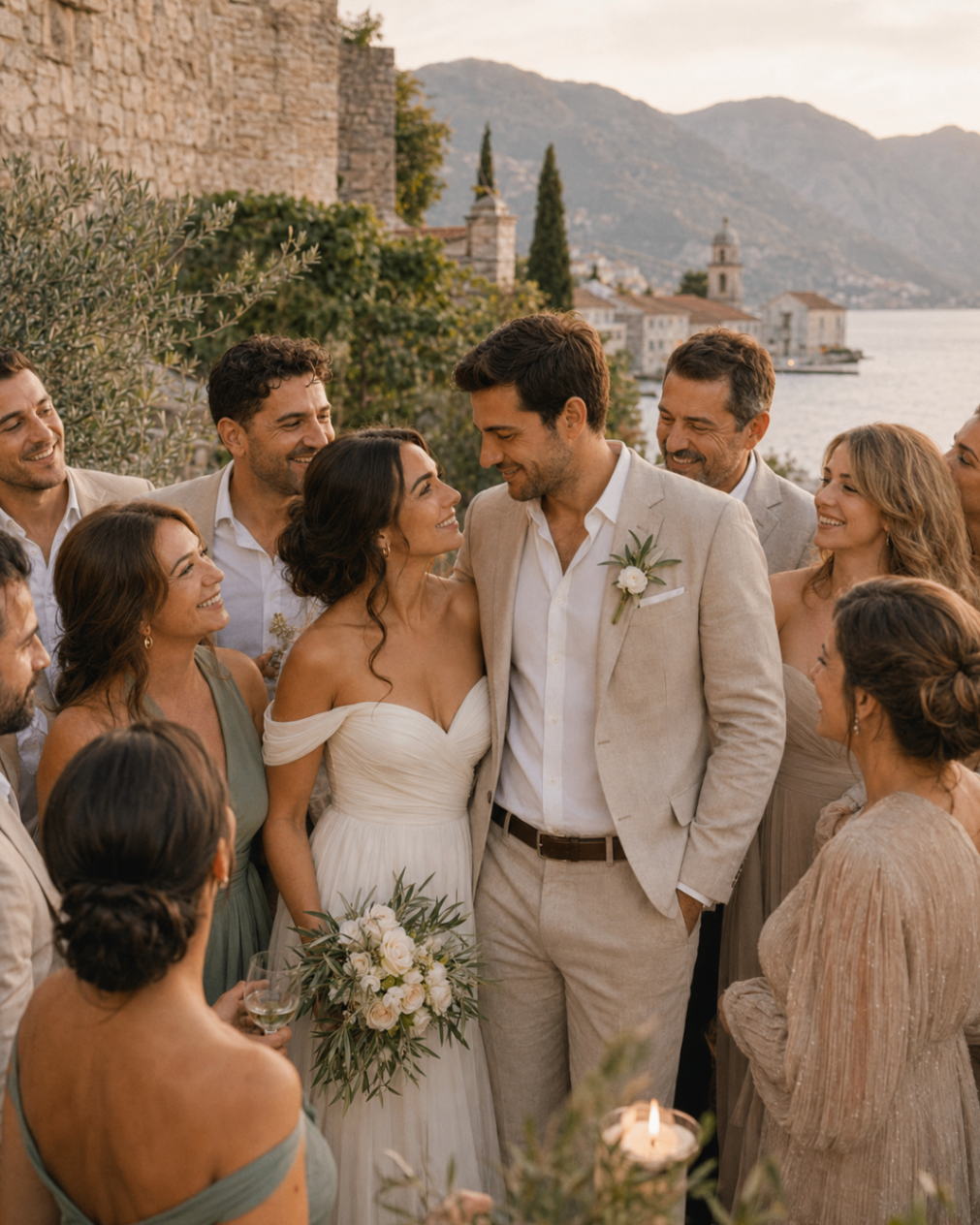Mila and Andrija surrounded by family and friends just after the ceremony in Perast
