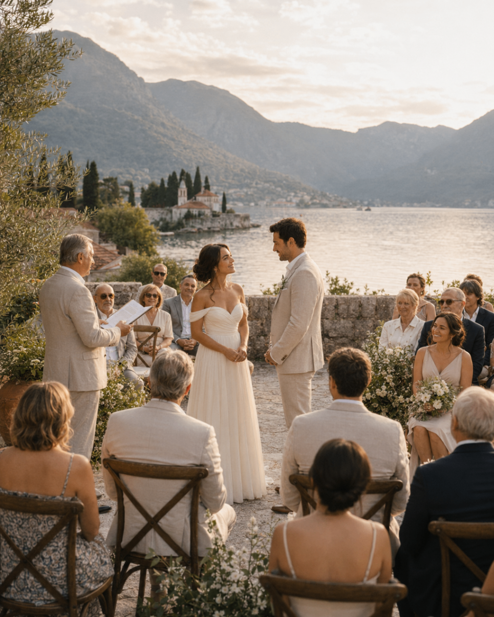 Mila and Andrija standing together during their ceremony in a garden above Boka Bay with loved ones surrounding them