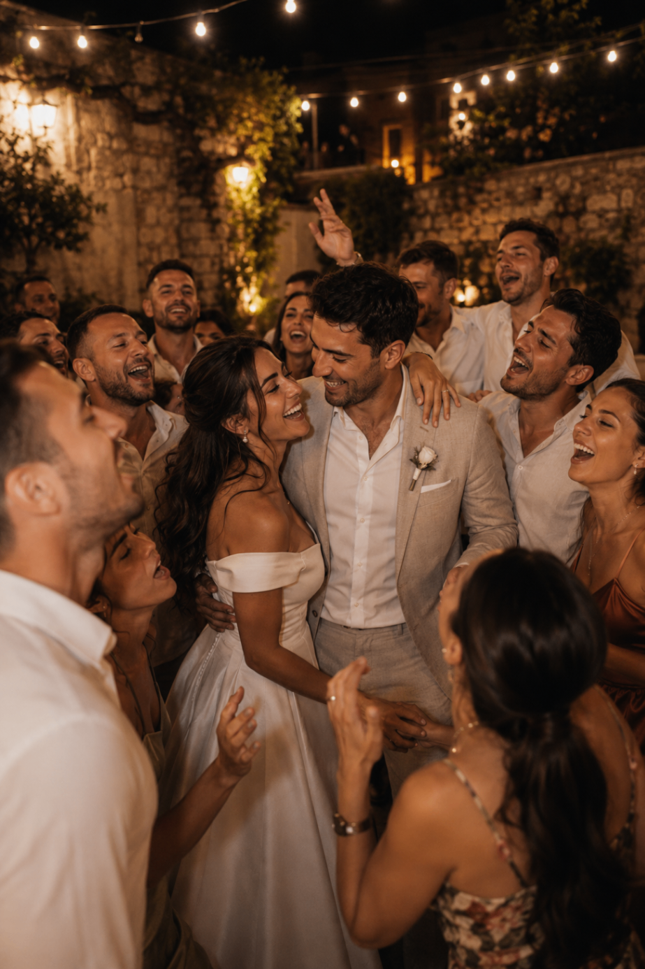Mila and Andrija celebrating late into the night, surrounded by singing friends in the courtyard
